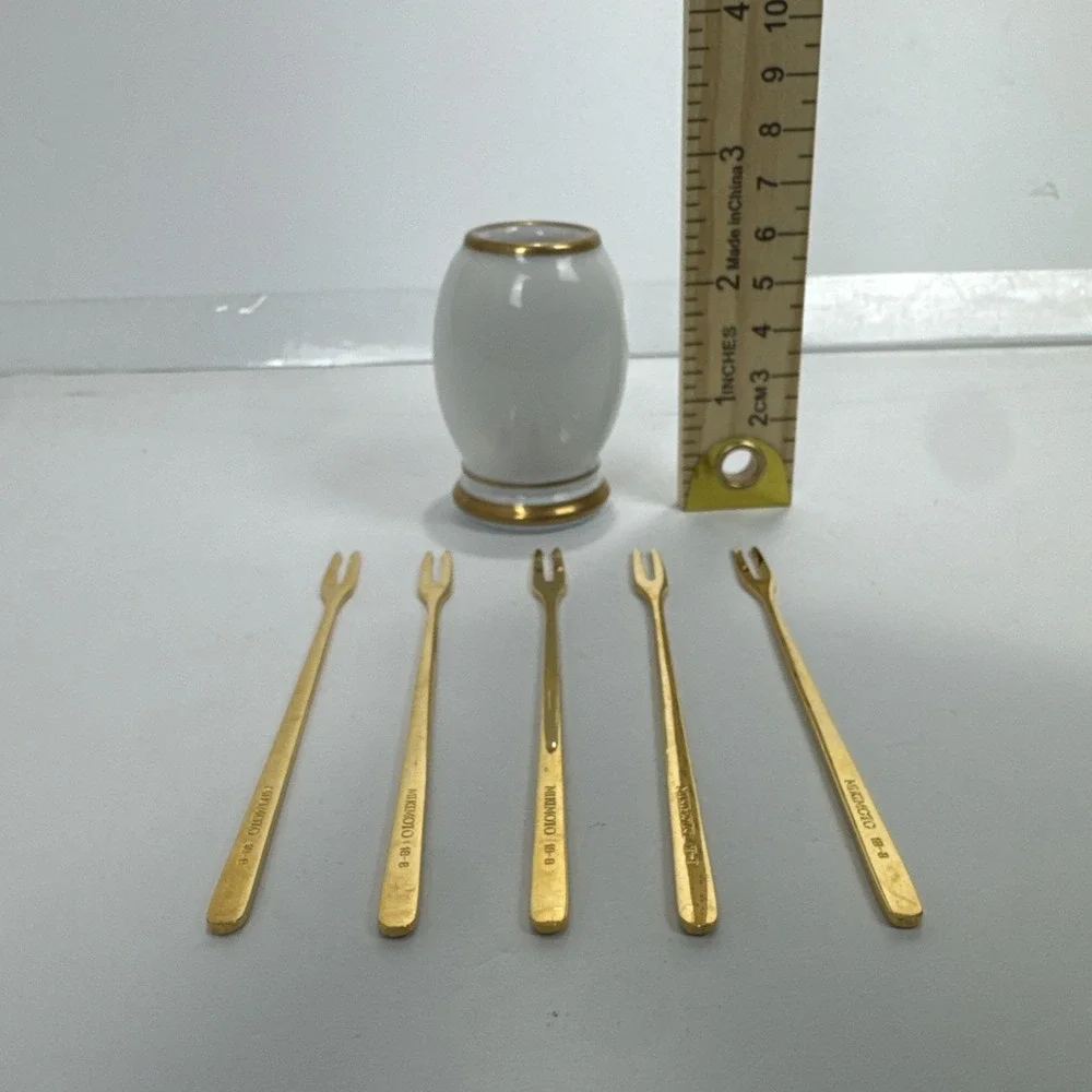 VTG Mikimoto International Gold Tone Appetizer Fork Set 5pc White Porcelain Jar